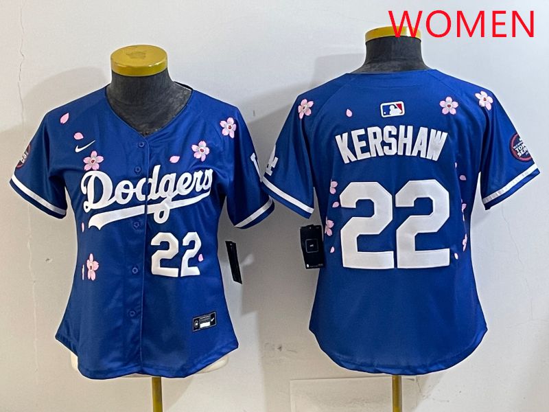 Women Los Angeles Dodgers #22 Kershaw Blue White Blue Sakura Edition 2025 Nike MLB Jersey style 2->women mlb jersey->Women Jersey